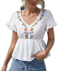 White Short Sleeve Embroidered Spring Top, White Short Sleeve Embroidered Top For Spring, White Embroidered Short Sleeve Top For Spring, White Embroidered Top With Short Sleeves For Spring, Casual V-neck Floral Print Embroidered Top, Casual V-neck Embroidered Top With Floral Print, Casual Embroidered Top For Spring, White Bohemian Top With Ruffles, Fitted V-neck Embroidered Top For Spring