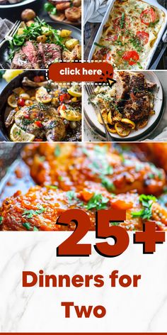 the cover of 25 dinners for two is shown with images of different dishes and text