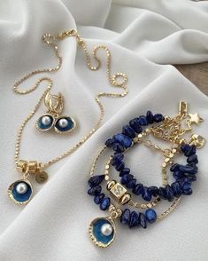 Our specially designed letter necklace, bracelet and earring set, made of gold-plated magnificent oyster pearls and using lapis natural stone, is one of our most striking and popular models Oyster Pearl, 24kt Gold, Enamel Charms, Lovely Jewellery, Letter Necklace, Beach Jewelry, White Enamel, Black Enamel, Necklace Bracelet