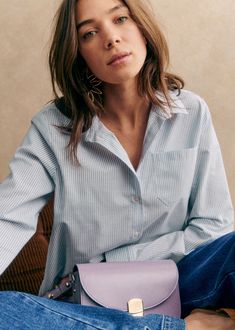 Striped shirt with long sleeves;Chest pocket;Classic collar;Straight fit;Mother-of-pearl buttons;Length from the shoulder: 67 cm (on a size EU36/UK8) Tomboy Shirts, Denim Suit, Knitwear Tops, Mother Of Pearl Buttons, Mode Inspiration, Embroidered Shirt, Green Stripes, Parisian Style, Swimwear Tops