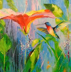 A beautiful and colorful hummingbird hovers below a painterly orange lily flower. Created by OLHADARCHUK ART Hummingbird Artwork, Hummingbird And Flower, Art Ideas For Home, Hummingbird Wall Art, To My Grandmother, Bird Nests, Diy Art Ideas, Bird Eggs