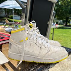 Air Jordan 1 Retro High Og “First Class Flight” M 5.5 W 7 In Excellent Condition Minor Dirt Stains That Can Be Easily Wiped Off With Water Still Has Original Shoe Shapers Inside Come With Extra Laces Never Used Casual Sneakers With Yellow Stitching For Streetwear, Yellow High-top Custom Sneakers For Light Sports, Vintage Nike High-top Sneakers With Vulcanized Sole, Retro Nike High-top Sneakers For Skateboarding, Nike Airmax 270, Air Max 90 Women, First Class Flights, Nike Air Max Excee, Huarache Run