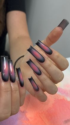 nails acrylics airbrush design black and pinks Dope Nail Designs, Square Acrylic Nails, Fire Nails, Dream Nails