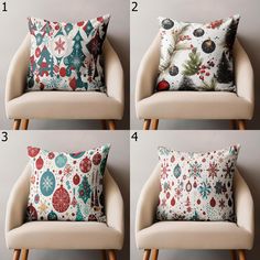 four different pillows on a chair with christmas decorations and snowflakes in the background