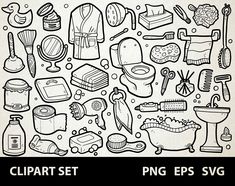 a black and white drawing of various items in the shape of a square with text reading clipart set png eps svg