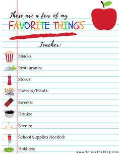 a teacher's favorite things list with an apple on the top and school supplies below