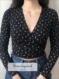 Sun-Imperial - Women Self Tie Front Wrap Tee Print Floral T-Shirt V Neck Long Sleeve Two Ways Top – SUN-IMPERIAL Spring V-neck Stretch T-shirt, Trendy Black V-neck Top For Summer, Trendy Long Sleeve V-neck Top For Summer, Black V-neck Crop Top For Spring, Casual V-neck Fitted Top, Fitted Cotton V-neck Top For Spring, Trendy Stretch V-neck Top, V-neck Stretch T-shirt For Spring, Non-stretch V-neck Summer Crop Top