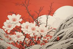 Immerse yourself in the elegance and minimalism of Japanese floral art with this stunning Japanese Wall Art print. Delicate white flowers contrast beautifully against a backdrop of white and red, capturing the essence of Japanese aesthetic sensibility. JAPANESE WALL ART:  Elevate your space with this elegant Japanese Wall Art print, perfect for adding a touch of sophistication to any room. CANVAS JAPANESE ART:  Enjoy the timeless beauty of Japanese art on canvas, bringing a sense of tranquility Art Floral Japonais, Chinese Drawings, Japanese Wall Art, Room Canvas, Japanese Wall, Mural Floral, Art Japonais, Japanese Aesthetic, Botanical Wall Art