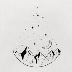 a black and white drawing of mountains with stars in the sky