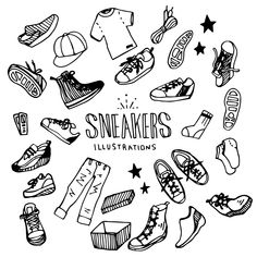 the words sneakers illustrations are drawn in black and white