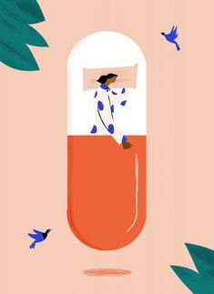 an illustration of a person in a pill bottle with birds flying around