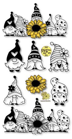 some black and white cartoon characters with sunflowers