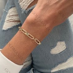 "All Our Bracelets Are Made Of REAL 14K GOLD  14K Yellow Gold Paperclip And Round Link Bracelet, 7.5\" Inch,  5.6 mm Thick, Real Gold Bracelet, Women  Shop our 14K Bracelets https://www.etsy.com/shop/GOLDMANIA?ref=seller-platform-mcnav§ion_id=26925987  Shop On Sale items https://www.etsy.com/shop/GOLDMANIA?ref=seller-platform-mcnav§ion_id=1  Metal: 14K Yellow Gold    Width: 5.6 MM  Length: 7.5 IN  Closure: Lobster claw Weight: 3.20 Gram   Links are hollow   SHIPPED FROM NEW YORK CITY FREE SHIPPING on all orders IN THE US 30 Day Or 14 Day Return Hassle Free  Weight and measurements are approximate and may not be always exactly as stated.  At GoldMania we are first of all committed to environmental responsibility. We guarantee that the gold we use is strictly ecofriendly and of the highest q Gold Diamond Bracelet With Box Chain, Luxury Gold Paperclip Bracelet As Gift, Gift Tennis Bracelet With Oval Links, Luxury Gold Paperclip Bracelet For Gift, Gold Link Diamond Bracelet, Modern Gold Chain Bracelet For Anniversary, Luxury Gold Paperclip Bracelet Gift, Gold Rectangular Tennis Bracelet As A Gift, Gold Box Chain Bracelet