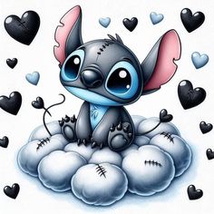 a cartoon character sitting on top of a cloud with hearts in the sky behind it