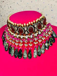 Original pachi kundan with uncut stone studded bridal navratan choker set. It is studded with original moonstone and fluorite and is beautifully handcrafted in two gorgeous shades. Comes with matching pair of earrings. Navratan Choker, Bollywood Jewelry, Pakistani Jewelry, Authentic Indian, Choker Set, Stone Studs, Indian Jewelry, Indian Wedding, Moonstone