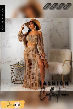 Mesh Off Shoulder Long Sleeve Tops Tassels Maxi Dress Set Glamorous Summer Dresses With Tassels, Long Sleeve Vacation Dress With Fringe, Long Sleeve Fringe Dress For Vacation, Chic Festival Dress With Tassels, Chic Tassel Dresses For Festival, Chic Tasseled Dresses For Festivals, Fitted Fringe Dress For Summer, Fitted Fringe Dress For Beach Season, Spring Beach Dress With Beaded Fringe