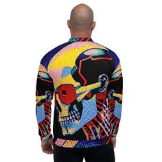 Add a little zing to your wardrobe with this vibrant All-Over Print Bomber Jacket. Whether you're layering it on a basic t-shirt or a warm hoodie, this jacket is a versatile fashion statement that's sure to turn heads. Made from 100% polyester with a brushed fleece inside, it offers both style and comfort. The unisex fit, sturdy construction with overlock seams, silver YKK zipper, and two self-fabric pockets make it a practical yet fashionable choice. Each jacket is uniquely customizable, making Multicolor Graphic Print Outerwear For Fall, Multicolor Graffiti Print Winter Outerwear, Artistic Black Long Sleeve Outerwear, Funky Multicolor Fall Outerwear, Funky Long Sleeve Outerwear For Fall, Artistic Multicolor Long Sleeve Outerwear, Artistic Blue Long Sleeve Outerwear, Vibrant Multicolor Long Sleeve Outerwear, Yellow Graphic Print Outerwear For Spring