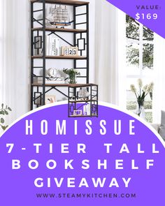 a book shelf with books on it and the words, homestue 7 - tier tall book shelf giveaway