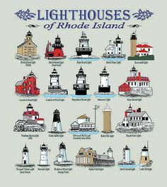 the lighthouses of rhode island are shown in this hand - drawn poster, which is also