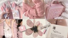 a collage of photos with pink and white accessories