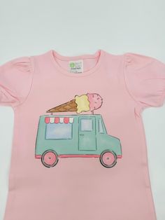 This watercolor ice cream shirt is the absolute cutest!!  (Popsicle design has separate listing) These shirts  are high quality 100% combed cotton. This listing is for a printed dtg shirt.  Please select shirt size and style. IN NOTES TO SELLER BOX- Please type if you would like white or pink shirt. If no color is selected, I will choose pink as shown on listing photo! ( PLEASE NOTE - Pink is NOT available in ruffle. Ruffle shirts are white only)  Please message me with any questions. I am happy Sweet Pink Tops With Cartoon Print, Sweet Cartoon Print Short Sleeve Tops, Spring Cartoon Print Sweet Tops, Spring Sweet Tops With Cartoon Print, Sweet Short Sleeve Cotton Shirt, Pink Cartoon Print Shirt For Summer, Sweet Summer Cotton Shirt, Sweet Cotton Summer Shirt, Sweet Cartoon Print Cotton Tops