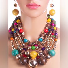 Lovely Beaded Multi Caribbean Colored Necklace Earring Set!! Clear Locket Necklace, Amethyst Stone Necklace, Brown Leather Necklace, Dainty Pendant Necklace, Half Moon Necklace, Layered Pearl Necklace, Colored Necklace, Golden Pattern, Triangle Necklace