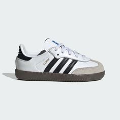 If you time traveled back to the 1960s, you'd find pro soccer players wearing adidas Sambas just like these infants' shoes. Well, almost just like them. Sized down to fit little feet, they feature a soft sockliner that feels comfortable through all-day play. A leather upper, gum rubber sole and 3-Stripes stay classic. Adidas Shoes Kids, White Samba, Adidas Kids Shoes, Samba Og Shoes, Toddler Adidas, Sneakers Kids, Adidas Samba Og, Adidas Girl