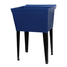 a blue planter sitting on top of a black stand