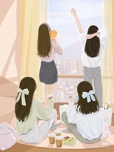 4 Besties Aesthetic Anime, 4girls Friends Cartoon, 4 Friends Illustration Art, Cute Bestie Pics Aesthetic, 4 Bff Anime, 3 Girls Drawing Friends, 4 Girls Drawing Friends