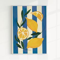 a painting of lemons and leaves on a blue striped background with white tiles in the corner