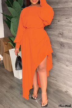 Olivia Mark - Womens Mustard Yellow O-Neck Long Sleeve Asymmetrical Patchwork Dress Fall Cute Outfits, Birthday Dress Women, Long Sleeve Evening Dresses, Party Dress Long Sleeve, Church Dresses, Long Sleeve Dresses, Comfortable Style, New Dresses, Ladies Dress