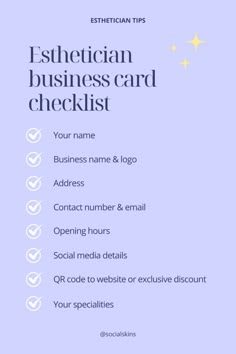 the business card checklist is shown in blue and white, with stars above it