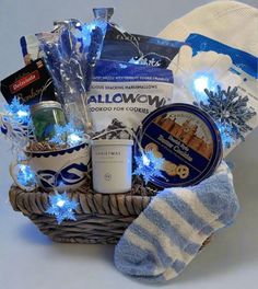 a basket filled with blue and white items