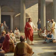 a painting of jesus standing in front of a group of people