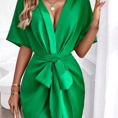 Brand New Shein Lune Green Batwing Sleeve Knot Front Dress. Green Tie Waist Mini Dress For Brunch, Green Mini Dress With Tie Waist For Brunch, Green Mini Dress With Tie Waist For Vacation, Green Mini Dress With Tie Waist For Day Out, Green Mini Dress With Tie Waist For Party, Knot Front Dress, Front Knot Dress, Shein Dress, Shein Dresses