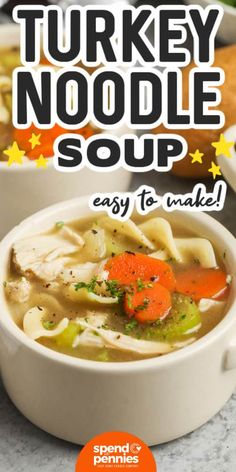 a bowl of turkey noodle soup with carrots and celery in it