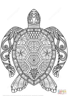 a coloring book page with an intricate turtle