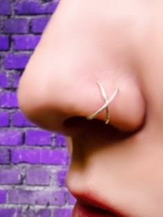 a woman's nose with a ring on top of her nose and purple brick wall in the background