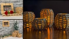 several different pictures of wooden frames and vases with flowers in them on a table next to a brick wall