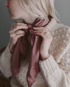 A life essential for you to take anywhere, each scarf is made from 100% washable-silk, has a hand-rolled and hand-sewn edge. Meant to be lived-in, worn, and washed, our hand-dyed heirloom scarves have a bit of magic in their making. The Classic Washable Silk Scarf is our larger size scarf: 33 inches x 33 inches. The silk is soft in hand and light in weight, an elegant bandana. With endless ways to wear it—on your shoulders, around your neck, or over your hair on a summer day—you'll never run out Pink Silk Scarf For Winter, Silk Scarves Perfect For Gifts, Elegant Winter Headscarf, Classic Silk Scarves For Fall, Trendy Silk Scarves, Chic Solid Color Silk Scarf, Chic Silk Shawl Scarf, Silk Shawl Scarf One Size, Pink Elegant Scarf For Fall