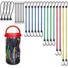 a bucket filled with lots of different colored cords and hooks on top of each other