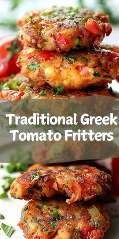 traditional greek tomato fritters on a plate with text overlay that reads traditional greek tomato fritters