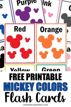 printable mickey mouse color flash cards with the words orange, red, and blue