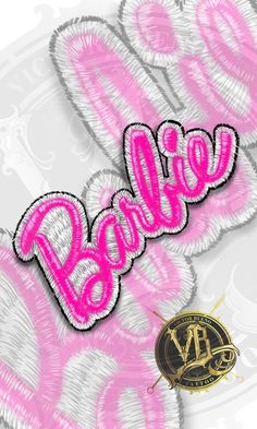 the word barbie is in pink and silver foil on a white background with gold accents