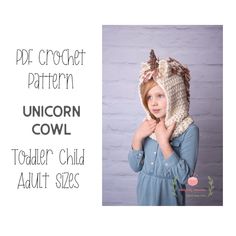 UNICORN COWL - Crochet Pattern PDF 3 Sizes - Toddler, Child, and Adult Beginner Level US Standard Terms Please contact me for any pattern assistance. This pattern is for personal use only, you may not sell or distribute the pattern in any way.  You may sell cowls made from this pattern, but if sold online, you must give pattern credit to The Knitty Bitty Committee.  Please do NOT use my photos to sell your cowls.  All rights reserved. Crochet Unicorn Hat Step Step, Free Crochet Unicorn Hat And Scarf Pattern Kids, Crochet Hats Unicorn, Crochet Baby Unicorn Hat Free Pattern, Unicorn Hooded Scarf Crochet, Unicorn Crochet Hat Pattern Free, Crochet Unicorn Hat Pattern, Unicorn Hat Pattern, Crocheted Unicorn