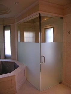 a glass walled shower stall in a bathroom