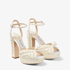 White Satin Platform Sandals with All-Over Pearl Embellishment | SACARIA/PF 120 | High Summer 2021 | JIMMY CHOO Jimmy Choo Sacaria, Types Of Heels, Wedding Dress Shoes, Pearl Leather, Strap Shoes, Leather Pumps, Wedding Shoes, Women's Pumps, Pearl White