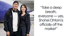 a man and woman standing next to each other in front of an airplane with the words take a deep breath, everyone - yes, shori othan is officially off the market