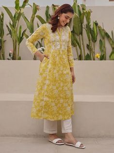 Buy Yellow Printed Cotton Embroidered Kurta | DS5852/EKO7 Daily Kurta Outfits, Kurti Daily Wear, Hakoba Dress Patterns For Women, Yellow Kurta Woman, Yellow Kurti Outfit, Nack Design For Kurti, Cotton Kurta Sets For Women, Hakoba Dress, Designer Suits For Wedding