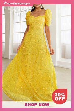 Yellow Sexy Formal Solid Sequins Patchwork Square Collar Evening Dress Dresses Elegant Maxi Dress With Splicing, Solid Color Short Sleeve Party Dress, Elegant Summer Dresses With Splicing Details, Elegant Summer Dresses With Splicing, Yellow Fitted Maxi Dress For Banquet, Fitted Yellow Maxi Dress For Banquet, Banquet Solid Color Maxi Dress, Summer Evening Dresses With Splicing, Yellow Maxi Dress For Banquet